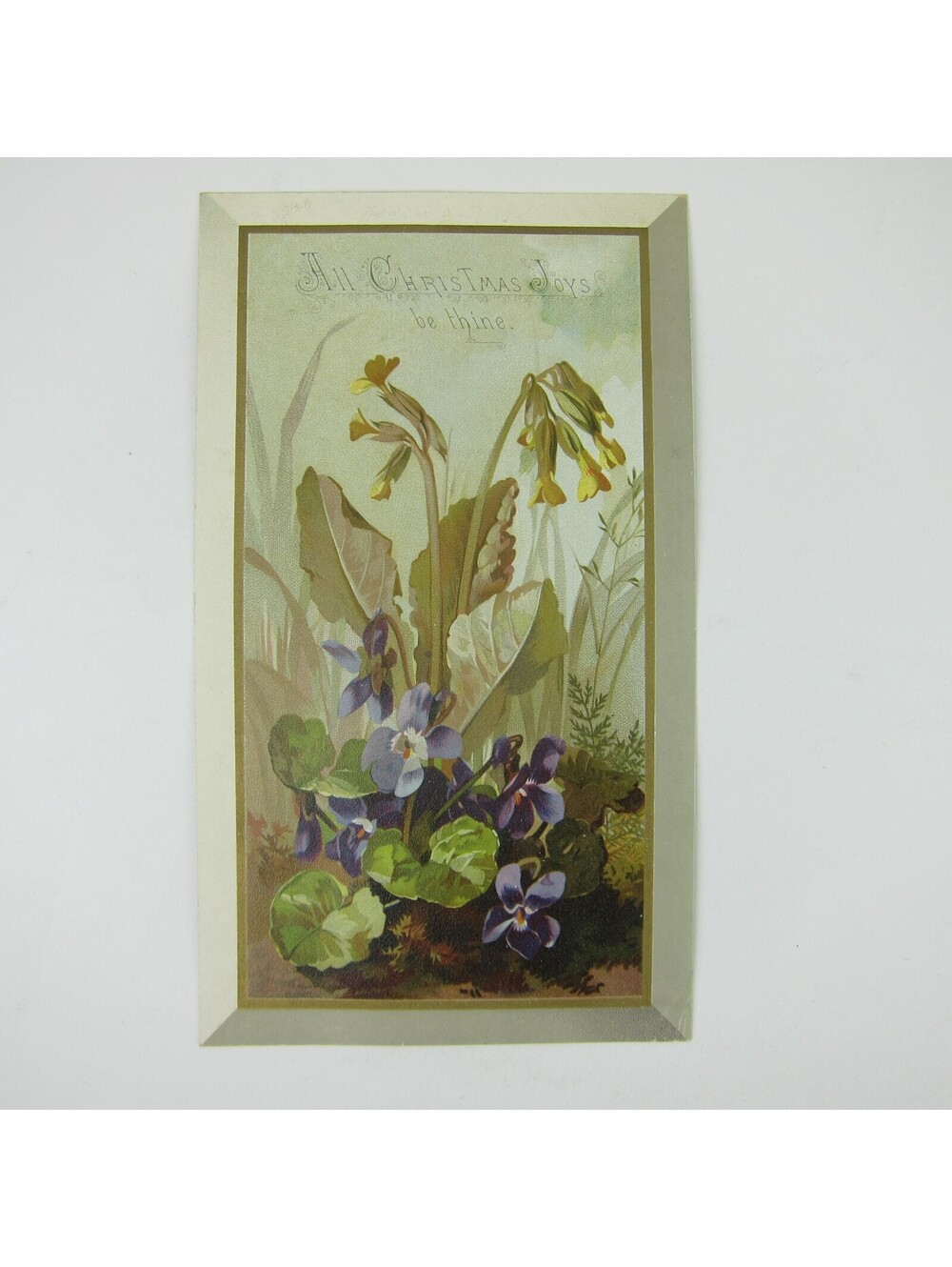 Victorian Christmas Card Flowers Violets Purple Green Leaves Girl Bonnet Antique